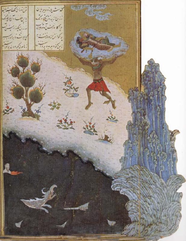 unknow artist Akwan the demon casts the sleeping hero Rustam into the sea